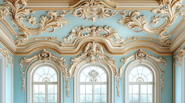 Ornate molding ceiling with three windows, light blue walls, and gold accents