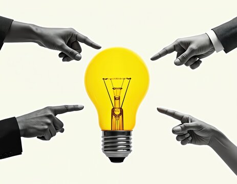 Multiple hands point fingers toward a bright yellow lightbulb. This represents a collective idea or brainstorming session in a business setting. The concept of teamwork is evident.