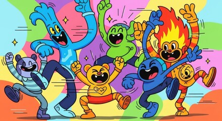 Obraz premium Vibrant Cartoon Characters Expressing Joy and Excitement in a