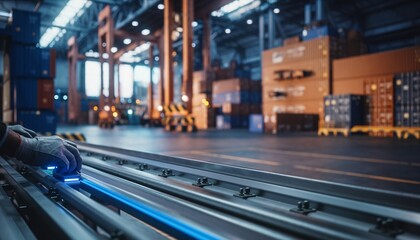 A worker's hand on a futuristic automated conveyor system inside a modern logistics warehouse hub.