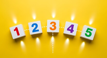 Five white blocks with numbers 1 to 5 in different colors on a yellow background