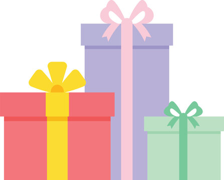 Three colorful gift boxes with ribbons and bows on white background present birthday