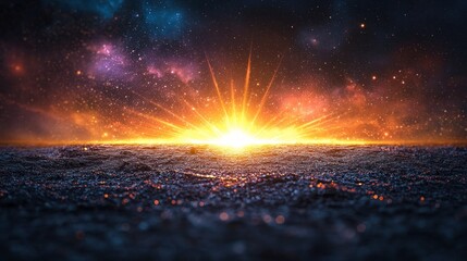 Radiant horizon, starburst over dark, textured ground against a colorful space