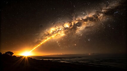 A glowing dawn bursts over a beach, sending a beam towards a vibrant, star-filled