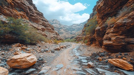 Rocky canyon floor leading to distant mountains under a cloudy sky