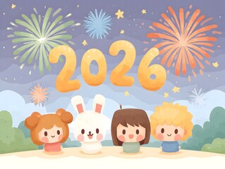 Naklejka premium Cute Cartoon Characters Celebrating New Year with Fireworks Display