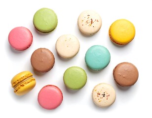 Obraz premium Colorful macarons scattered on a white surface, creating a visually appealing pattern