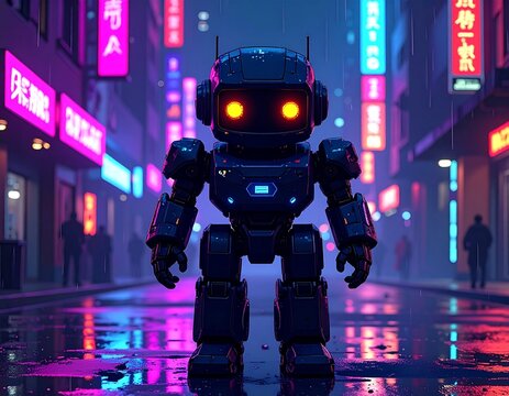  Pixel Art Robot in Neon-Lit City at Night. A futuristic robot, rendered in a pixel 