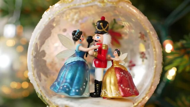 Ball ornament with nutcracker & fairies dancing on a Christmas tree; decoration, holiday image