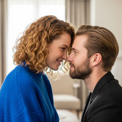 Smiling couple sharing tender intimate moment in a bright home
