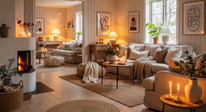 Cozy and Elegant living room interior with warm lighting and modern