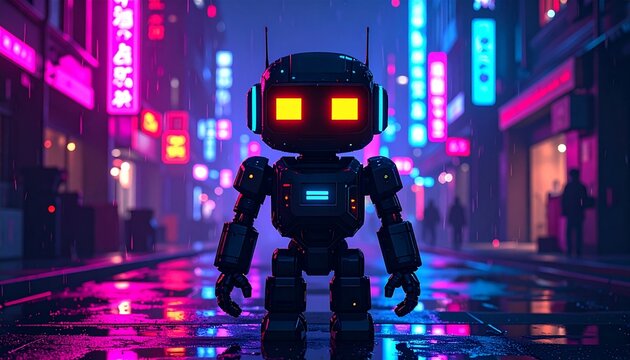  Pixel Art Robot in Neon-Lit City at Night. A futuristic robot, rendered in a pixel  - Powered by Adobe