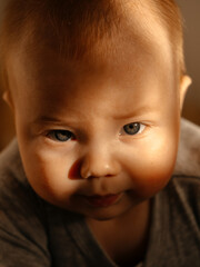 A baby gazes with curiosity, light softly illuminating their face in a warm, cozy bedroom. The...