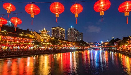 Enchanting chinese lanterns illuminating with serene night chinatown scene. Red Chin