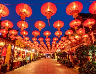  Enchanting chinese lanterns illuminating with serene night chinatown scene. Red Chin