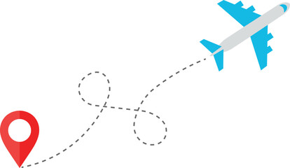 Blue airplane with dashed flight path and red location pin travel destination