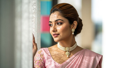 Young south asian woman in pink saree and traditional jewelry