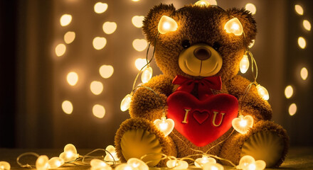 Naklejka premium Valentine teddy bear with glowing heart-shaped lights, radiating love and warmth
