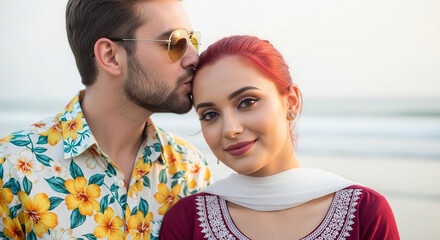 Young couple shares a tender kiss on her forehead at the beach