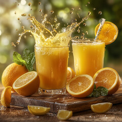 Fresh Orange Juice Splash with Citrus Fruits. Vibrant Citrus Drink Photography. Orange Juice Explosion with Fresh Slices

