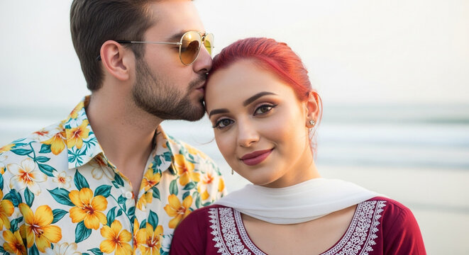 Young couple shares a tender kiss on her forehead at the beach