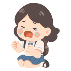 Illustration of Crying Schoolgirl with Backpack