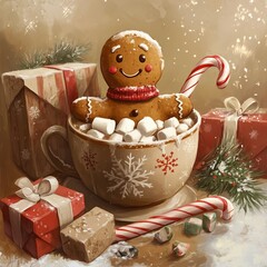 Gingerbread Man in Hot Cocoa Christmas Illustration. Cute Holiday Cocoa with Gingerbread and Gifts. Festive Winter Mug with Gingerbread Cookie