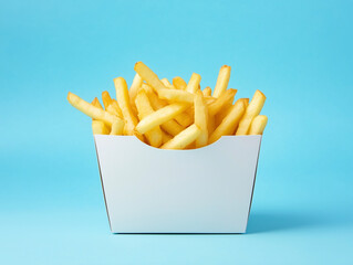 Crispy French Fries in White Box. Fresh Fries on Blue Background. Fast Food Fries Packaging
