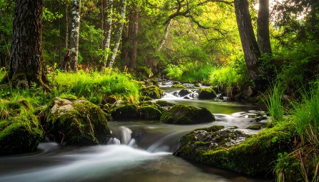 A serene woodland scene showcases a flowing stream cascading over moss-covered rocks, surrounded by lush, green foliage