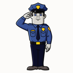 A cartoon police officer in a blue uniform salutes, representing law enforcement and public service with a friendly, welcoming demeanor, isolated on a white background.