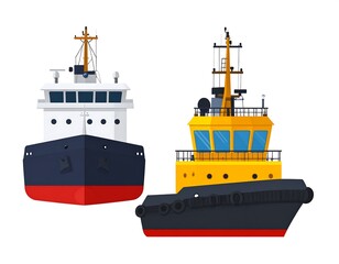 Flat illustration of two marine vessels, a commercial tanker and a tugboat, isolated on white
