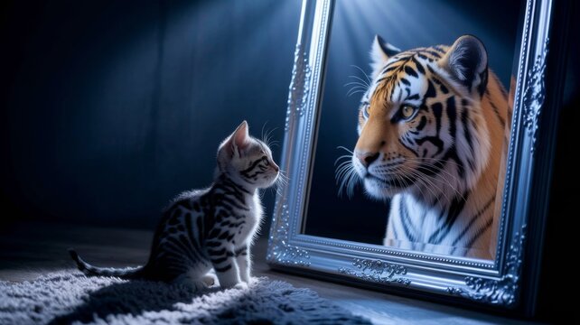 Kitten Looking in Mirror and Seeing a Tiger Reflection