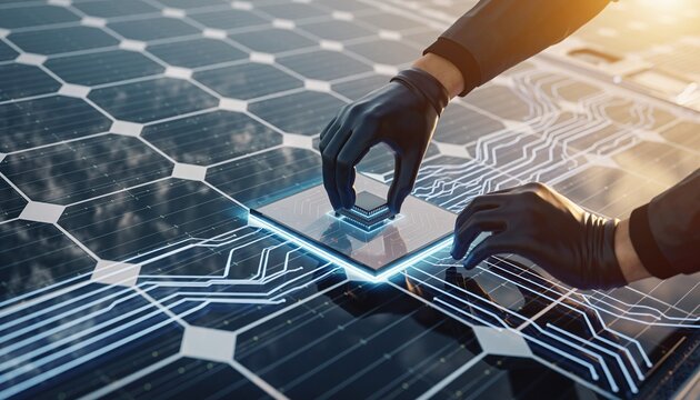 Gloved hands installing a glowing computer chip onto a solar panel with digital circuit patterns. - Powered by Adobe