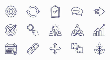 A collection of business and management icons, representing concepts such as teamwork, growth, planning, and communication, are presented on a white background.