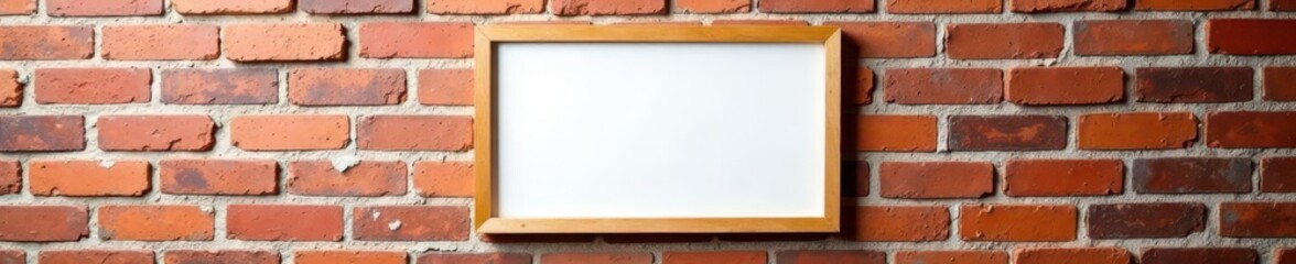 Blank wooden frame hangs on weathered brick Ideal for showcasing design , wooden frame, aged