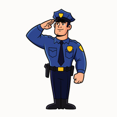 An illustration of a police officer in a blue uniform saluting, representing law enforcement, duty, and community service with a friendly demeanor.