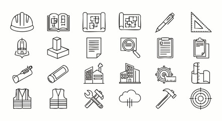 A collection of construction-related line art icons, including blueprints, tools, and safety equipment, perfect for design projects and architectural concepts.