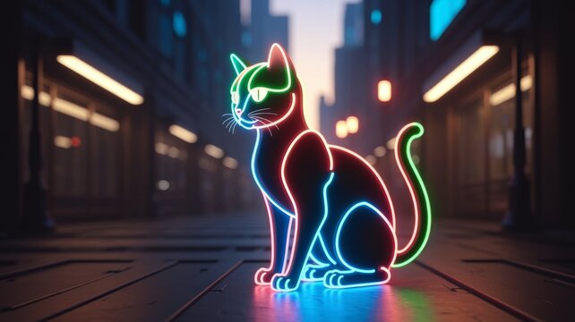 Neon cyber cat in futuristic city street