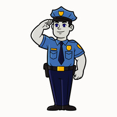 A cartoon illustration depicts a police officer in uniform saluting, representing law enforcement and public service with a friendly, approachable demeanor.