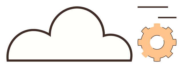 Cloud shape next to gear with lines symbolizing connection, workflow, and cloud-based operations. Ideal for technology, innovation, automation, cloud computing, data storage, systems teamwork