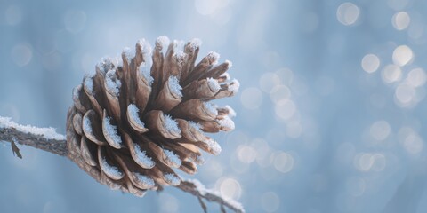 Ultra realistic macro of frosted cinnamon pine cone on branch in winter