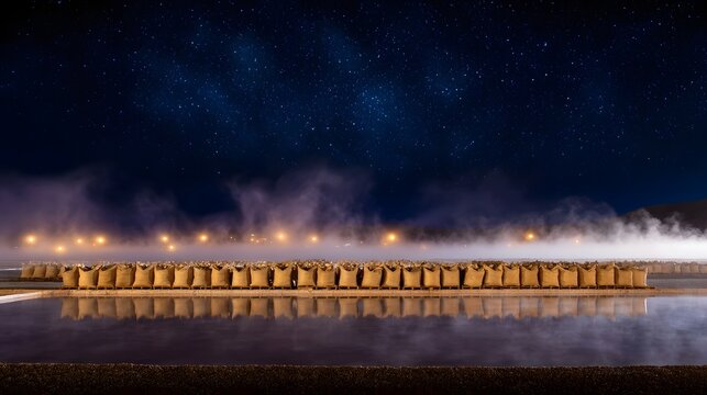 Night scene of a salt processing facility with sacks stacked by evapo n ponds under a starlit misty sky