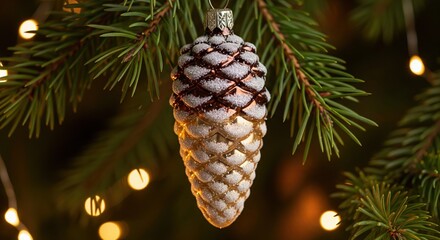 Glass pine cone christmas ornament hanging on a tree branch with warm golden bokeh lights