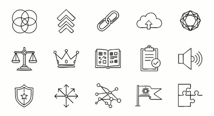 Fototapeta premium A collection of hand-drawn icons representing various concepts like connection, cloud storage, legal balance, and problem-solving, perfect for design needs.