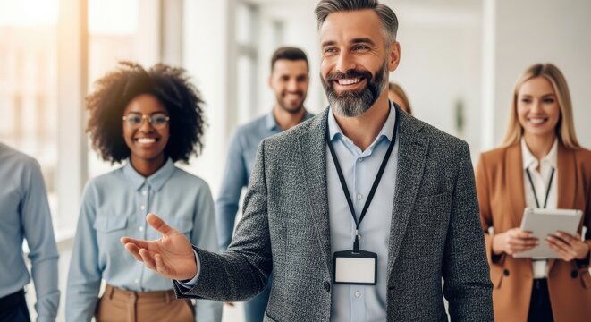 Group of professionals smiling and engaging in a friendly workplace setting during a sunny day