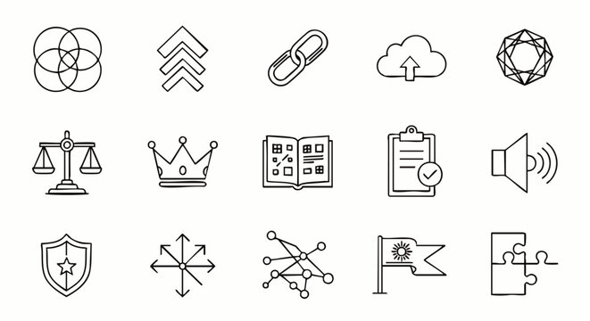A collection of hand-drawn icons representing various concepts like connection, cloud storage, legal balance, and problem-solving, perfect for design needs.