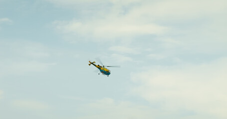 IAR 316 Aerobatic helicopter in formation flying during Bucharest International Air Show event from Romania. IAR 316 a military helicopter produced in Romania.