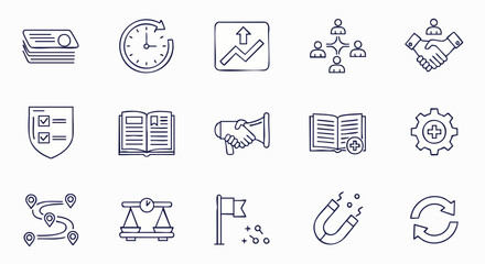 Business and management icons representing concepts like time, growth, teamwork, agreements, and strategies, perfect for illustrating various corporate themes.