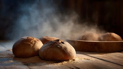 Warm freshly baked bread loaves with steam rising in a rustic workshop