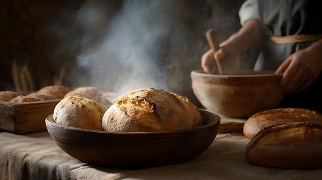 Steaming artisan bread loaves cooling on a rustic wooden table in a dimly lit bakery with dough mixing in the background - Powered by Adobe